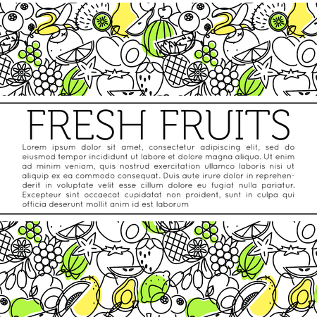 The frame of the line of icons of fruits and berries. Eco, organic and vegan food.のイラスト素材
