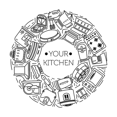 The frame of the line icons of kitchen appliances. Electrical appliances, household appliances for the kitchen. Icon for mobile concepts and web apps. Line and flat style icon. Vector sign.のイラスト素材