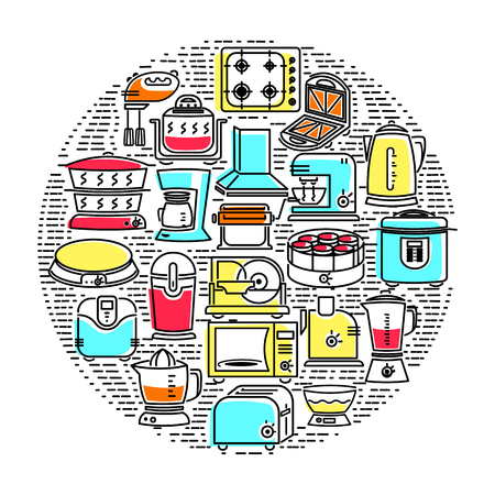 Outline icon set of kitchen appliances. Electrical appliances, household appliances for the kitchen. Icon with elements for mobile concepts and web apps. Line and flat style icon. Vector sign.のイラスト素材