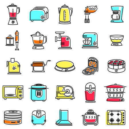 Set kitchen appliances with elements for mobile concepts and web apps. Line and flat style icon.のイラスト素材