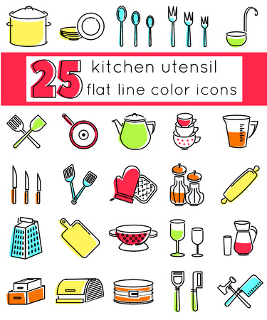 Outline icon set of kitchen utensils. Kitchen cooking related objects. Icon with elements for mobile concepts and web apps. Line and flat style icon. Vector sign.のイラスト素材