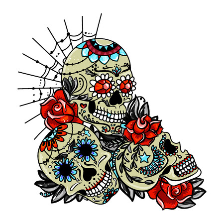 Vector illustration. Composition of sugar skulls. Design for the day of death or Halloween.のイラスト素材