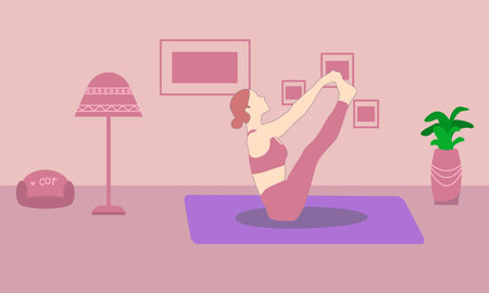 Woman practicing yoga at home. Vector illustration in flat design style.のイラスト素材