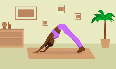 An illustration of a woman practicing yoga in the living room at homeのイラスト素材