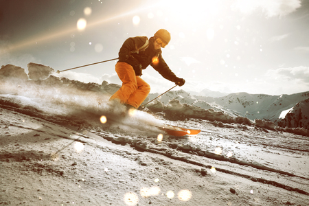 Skier during sunsetの写真素材