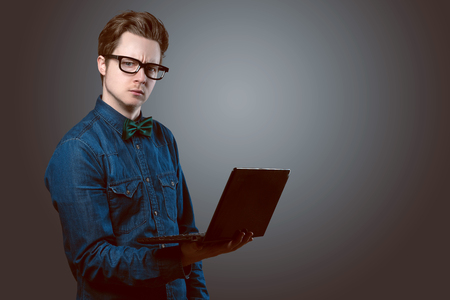 Nerdy Guy with Notebookの写真素材