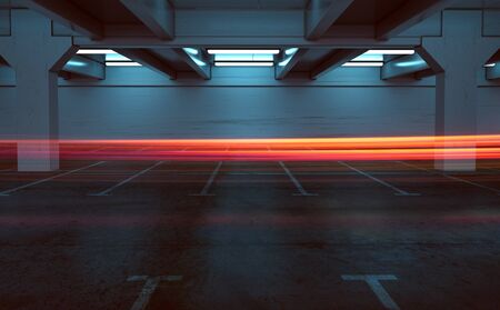 Car park background with light trails  (3D Rendering)の写真素材