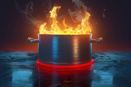 Saucepan with flamesの写真素材