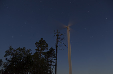 Some trees and a wind turbine with a star filled skyの写真素材