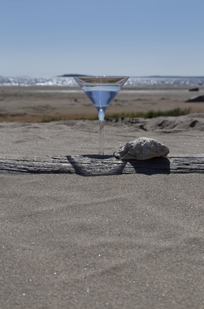 A glass with water on a log with the ocean in the backgroundの写真素材