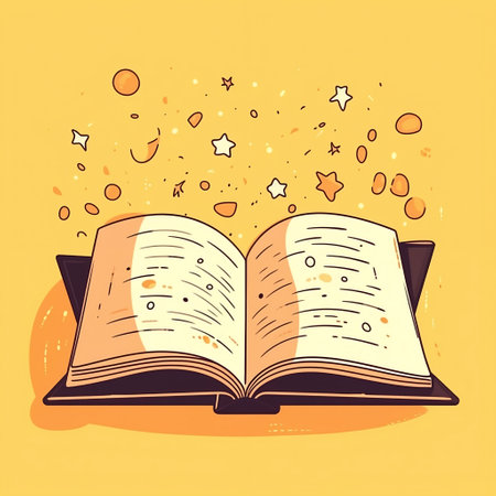 Vector illustration of an open book on a yellow background with stars.の素材