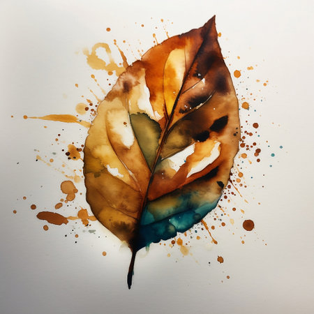 Watercolor painted autumn leaf on white paper. Hand drawn illustration.の素材