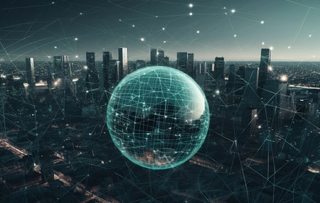 Global network connection over modern cityscape background. 3D Renderingの素材