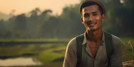 Handsome asian tourist man smiling at camera while standing in rice fieldの素材