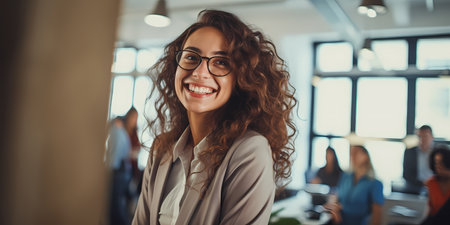 Portrait of smiling young businesswoman in glasses looking at camera in officeの素材