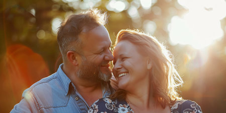 Portrait of a happy couple hugging in the park at sunset.の素材