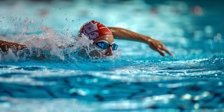 Female swimmer in cap and goggles swimming crawl stroke style in the poolの素材
