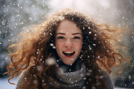 Winter portrait of young beautiful woman with long curly hair in the winter parkの素材