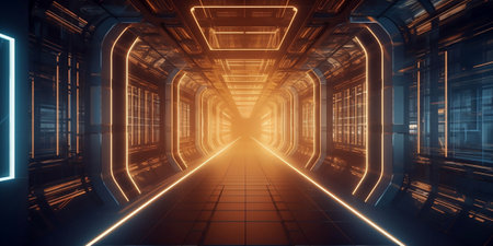 futuristic scifi tunnel corridor with glowing lights 3d rendering wallpaper backgroundの素材