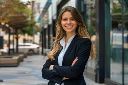Portrait of a beautiful young business woman standing with arms folded in a city streetの素材