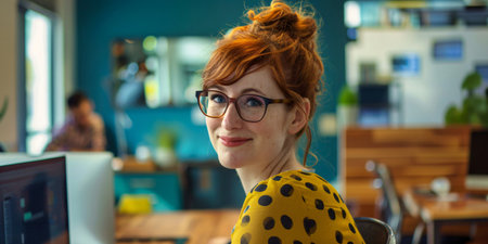 Portrait of redhead businesswoman in glasses sitting at desk in officeの素材