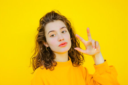 Portrait of a beautiful young girl on a yellow background showing victory gestureの素材