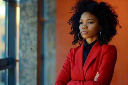Portrait of a young African American businesswoman in red suitの素材