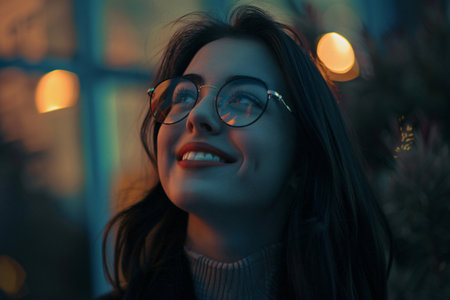 Portrait of a beautiful young woman in glasses in the city at nightの素材