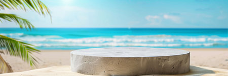 Wooden round stone podium on the beach with sea and sky background.の素材