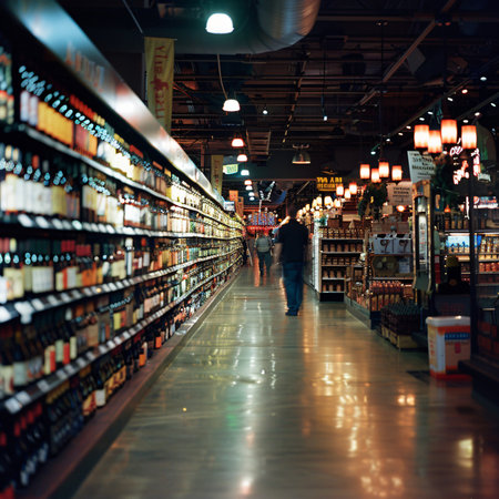 Interior of a modern shopping mall with shelves full of bottles of wineの素材