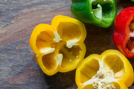 Sections of paprika Place cut pieces of wood placed in the ground.の写真素材
