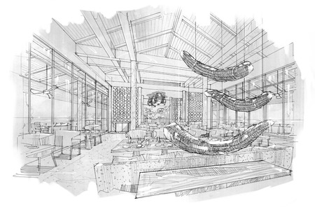 sketch stripes all day & restaurant , black and white interior design.の写真素材