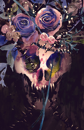 Watercolor painting Demon King skull Crown decorated with flowersの写真素材