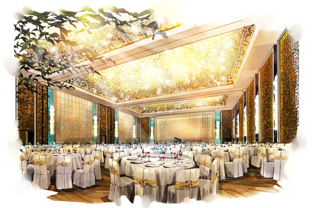 sketch perspective interior  ballroom into a watercolor on paper.の写真素材