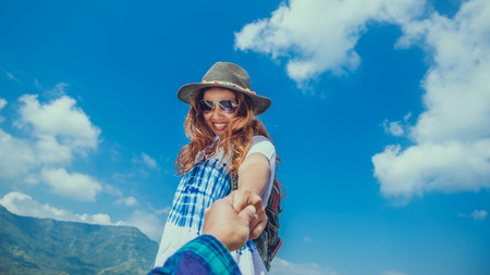 Lover women and men asians travel relax in the holiday. Lovers walk hand in hand nature on the...