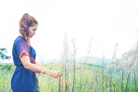 Asian women travel sleep relax. Morning atmosphere nature Forests,Hill tribe. khaoko Thailand