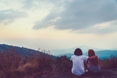 Natural background Couples lovers. The sun rises in the morning on the mountain.  thailand doi inthanonの写真素材