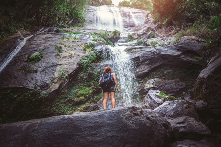 Women travel. woman asia travelers travel nature Forests, mountains, waterfalls