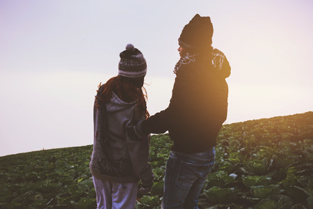 Lover women and men asians travel relax in the holiday. Stand up look landscape on the mountain in...