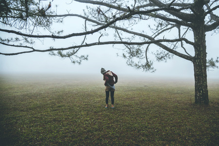 Asian woman travel nature. Travel relax. Stand landscapes natural Touch fog Under the pine. Thailandの写真素材