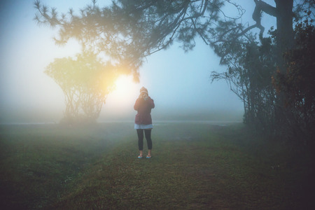 Photographer  asian woman travel  nature. Travel relax.  Nature Study in the Jungle. Thailandの写真素材