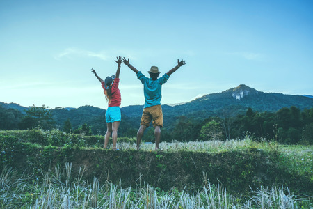 lover woman and man asian travel nature. Travel relax. Natural Touch countryside. Thailandの写真素材