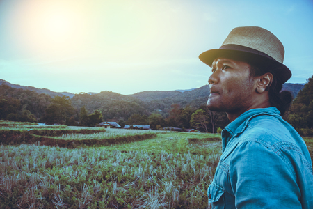 Asian man travel nature. Travel relax. Natural Touch countryside. Thailandの写真素材