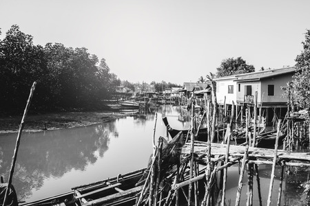 background landscape. The fishing village life style black and white picture.