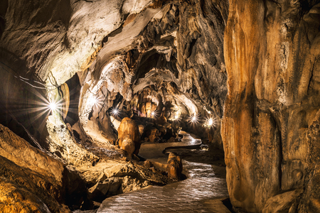 Travel Asia holiday. landscape inside stalagmite caves in Asia, Laosの写真素材