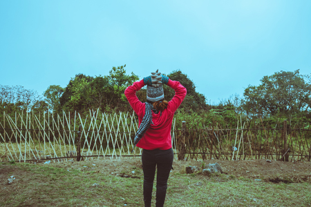 women asians travel relax camping in the holiday. On the moutain.Thailandの写真素材