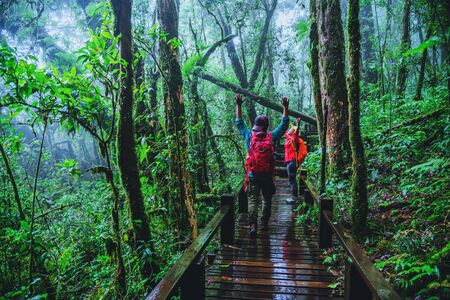 Lover asian man and asian women travel nature. Nature Study in the rain forest at Chiangmai in Thailand.の写真素材