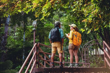 lover woman and man asian travel nature.Travel relax. Walking and studying nature in the forest. Thailandの写真素材