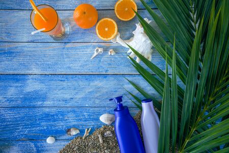 Beach outfit Accessories On bright blue background - Summer Holiday Banner, Beach tourism concept....