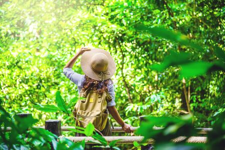 women travel relax nature in the holiday. Nature Study in the forest. The Girl happy walking and enjoying Tourism in through the mangrove forest. Waterfall Than Bok Khorani Nature Trail. travel, backpack.の写真素材
